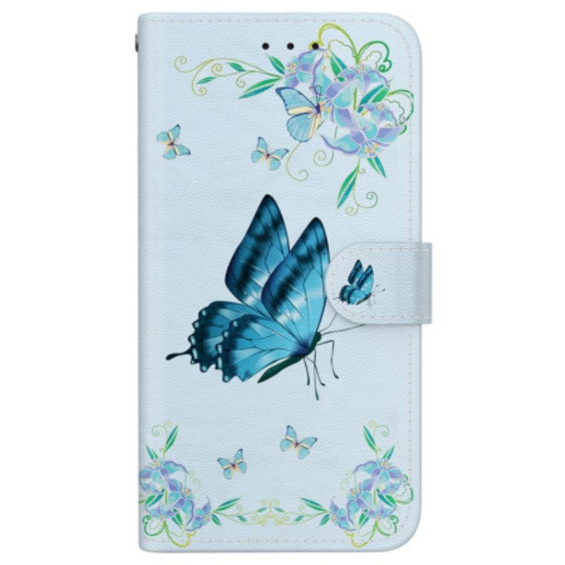 Lederhüllen Motorola Edge 50 Fusion Handyhülle Blauer Schmetterling Und Blumen Mit Riemen