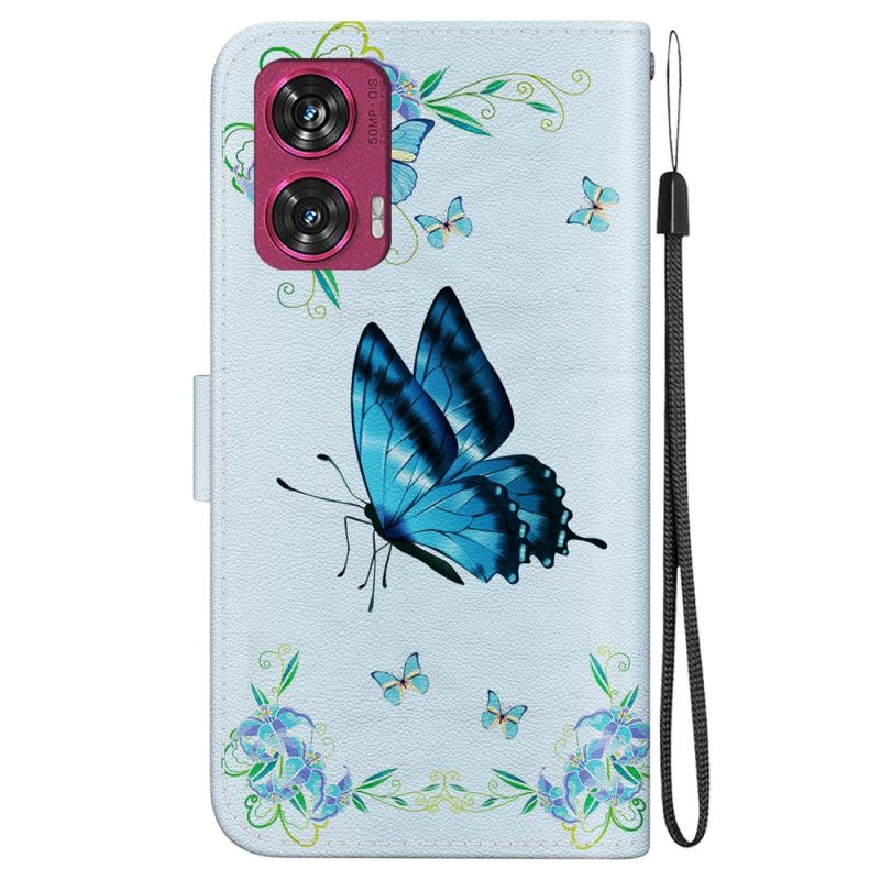 Lederhüllen Motorola Edge 50 Fusion Handyhülle Blauer Schmetterling Und Blumen Mit Riemen