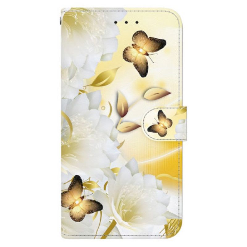 Lederhüllen Oppo Reno 12f 5g Goldene Schmetterlinge Und Blumen Mit Riemen