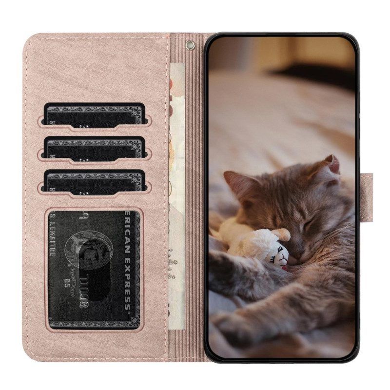 Flip Case Für iPhone 15 Plus Mit Kordel Geblümte Katze Mit Riemen