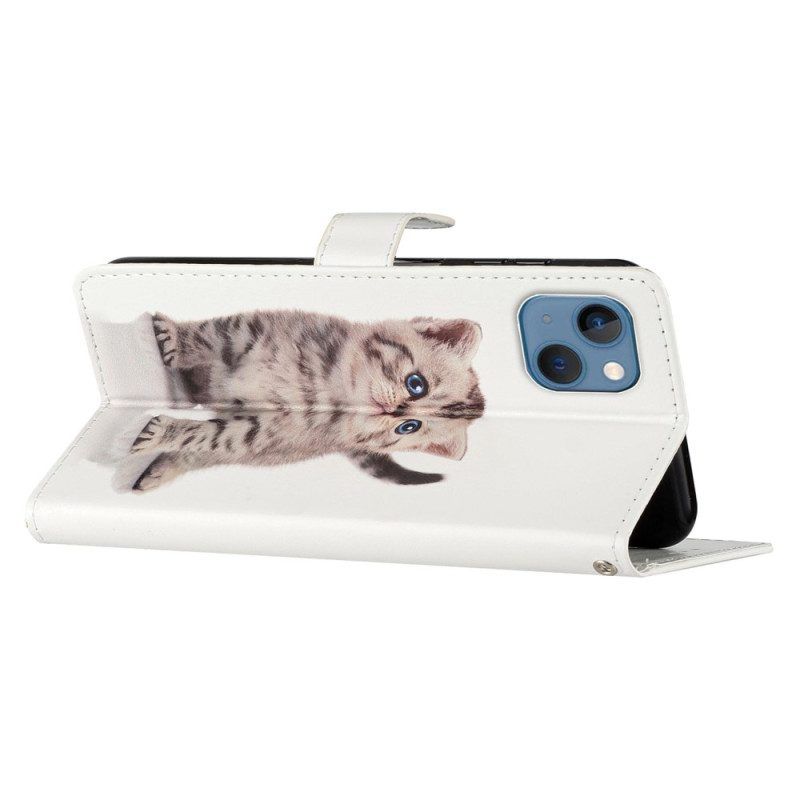 Flip Case Für iPhone 15 Plus Mit Kordel Kleine Katze Mit Riemen