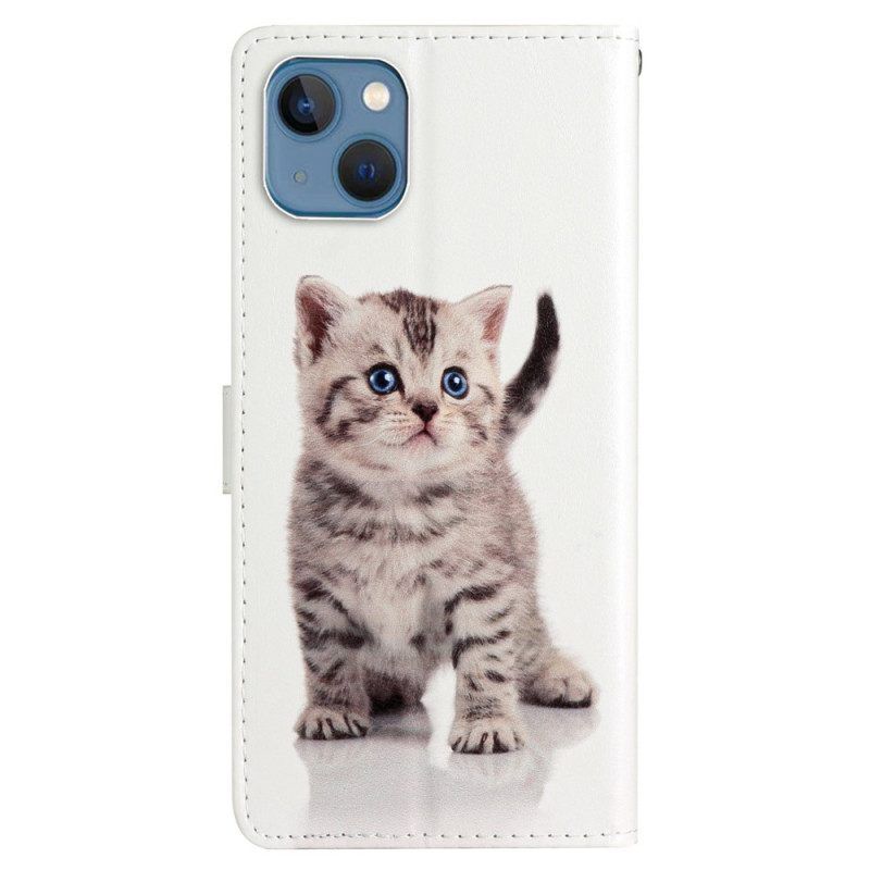 Flip Case Für iPhone 15 Plus Mit Kordel Kleine Katze Mit Riemen