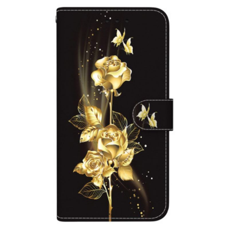 Lederhüllen Oppo Reno 12 Pro 5g Schmetterling In Gold Und Rosa Mit Riemen