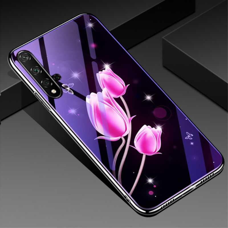 Hülle Huawei Nova 5T Magenta Gehärtetes Glas Und Blumensilikon