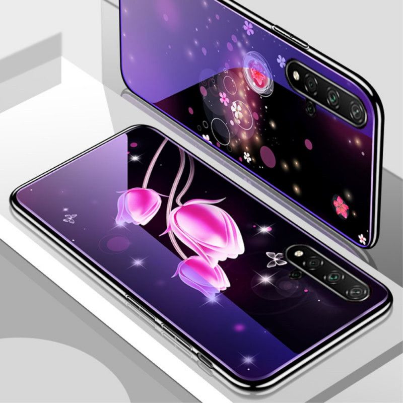 Hülle Huawei Nova 5T Magenta Gehärtetes Glas Und Blumensilikon