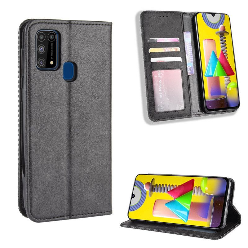 Flip Case Samsung Galaxy M31 Schwarz Stilisierter Vintage-Ledereffekt