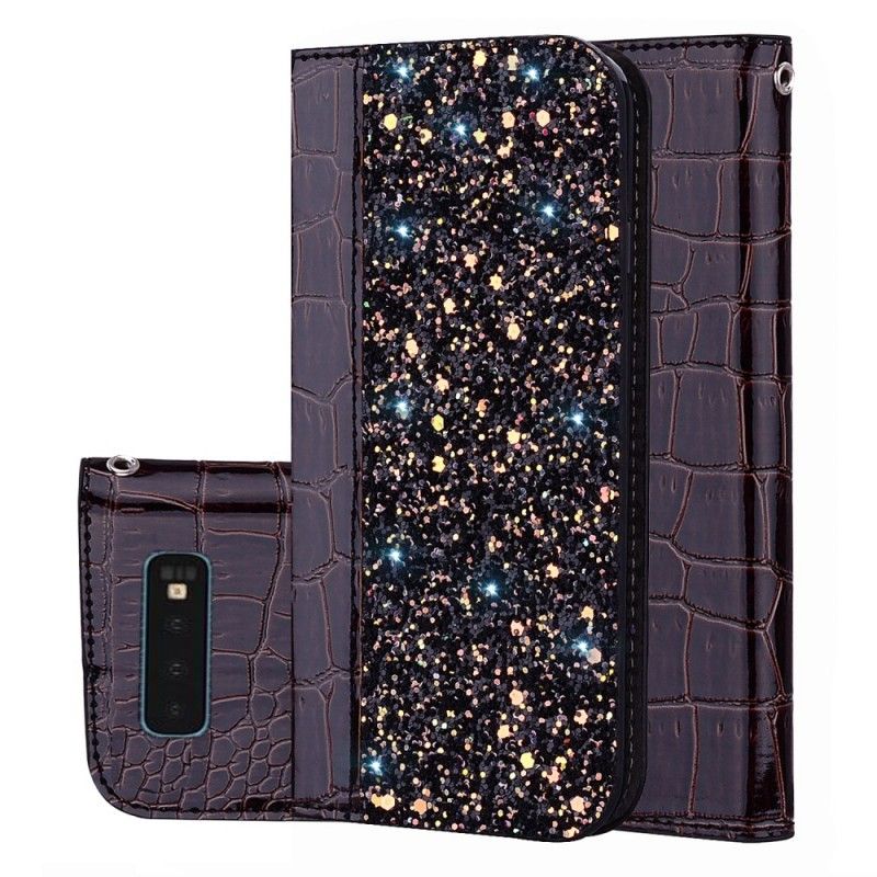 Flip Case Samsung Galaxy S10 Schwarz Handyhülle Krokodilhauteffekt Und Pailletten