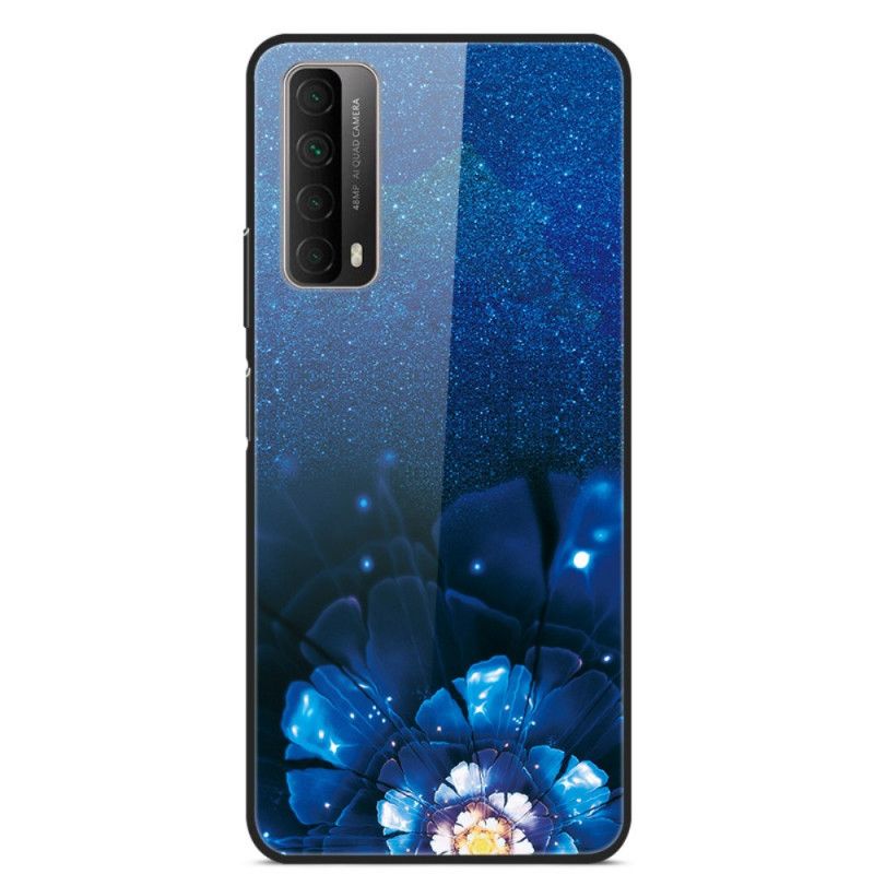 Hülle Huawei P Smart 2021 Dunkelblau Ausgefallene Blumen Aus Gehärtetem Glas