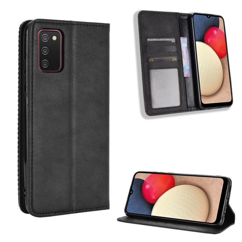 Flip Case Samsung Galaxy A02S Schwarz Handyhülle Stilisierter Vintage-Ledereffekt