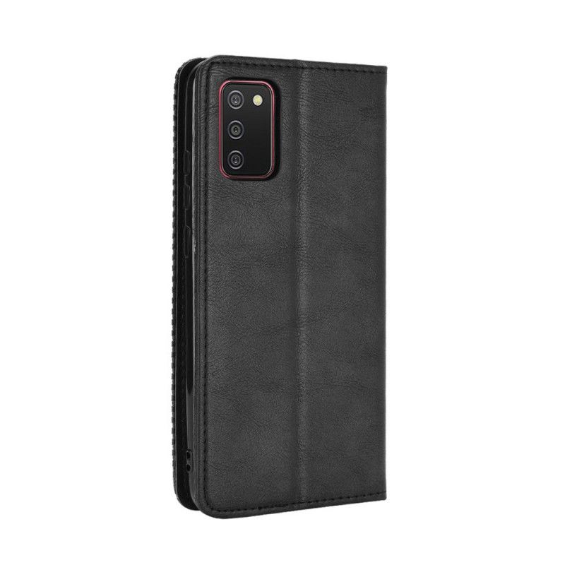 Flip Case Samsung Galaxy A02S Schwarz Handyhülle Stilisierter Vintage-Ledereffekt