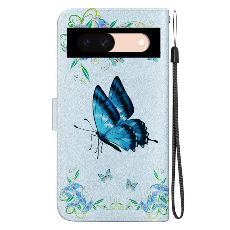 Lederhüllen Google Pixel 8a Handyhülle Blaue Schmetterlinge Und Blumen Mit Riemen