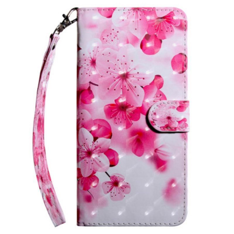 Flip Case Für Samsung Galaxy A14 / A14 5G Mit Kordel Riemchenrosa Blumen