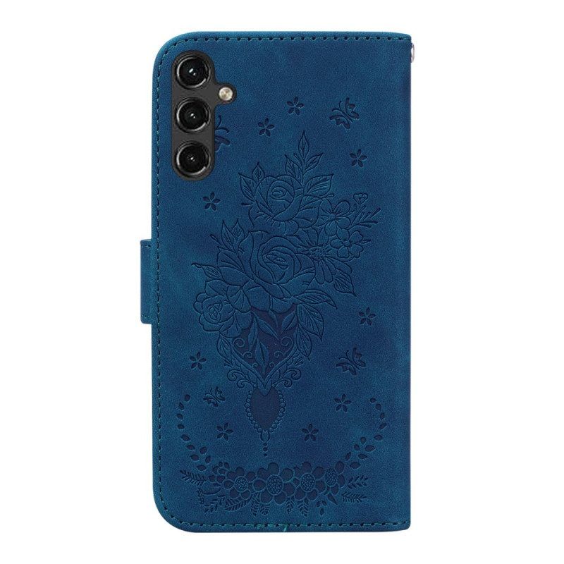 Flip Case Für Samsung Galaxy A14 / A14 5G Mit Kordel Riemchenrosen Und Schmetterlinge