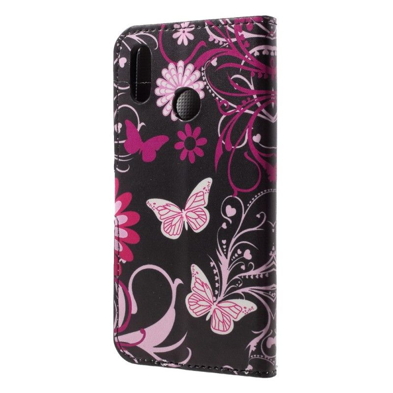 Lederhüllen Für Huawei P20 Lite Schwarz Schmetterlinge Und Blumen