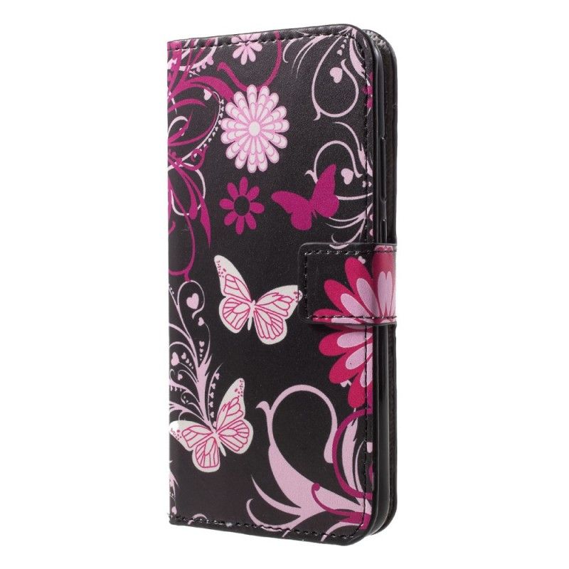 Lederhüllen Für Huawei P20 Lite Schwarz Schmetterlinge Und Blumen