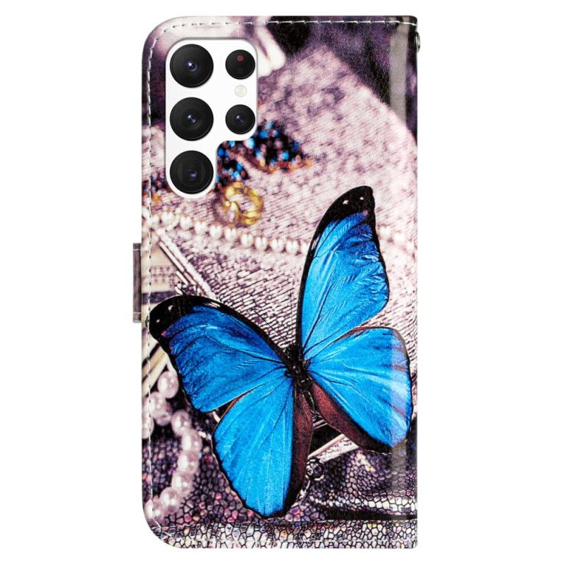 Lederhüllen Für Samsung Galaxy S24 Ultra 5g Blauer Schmetterling Mit Riemen