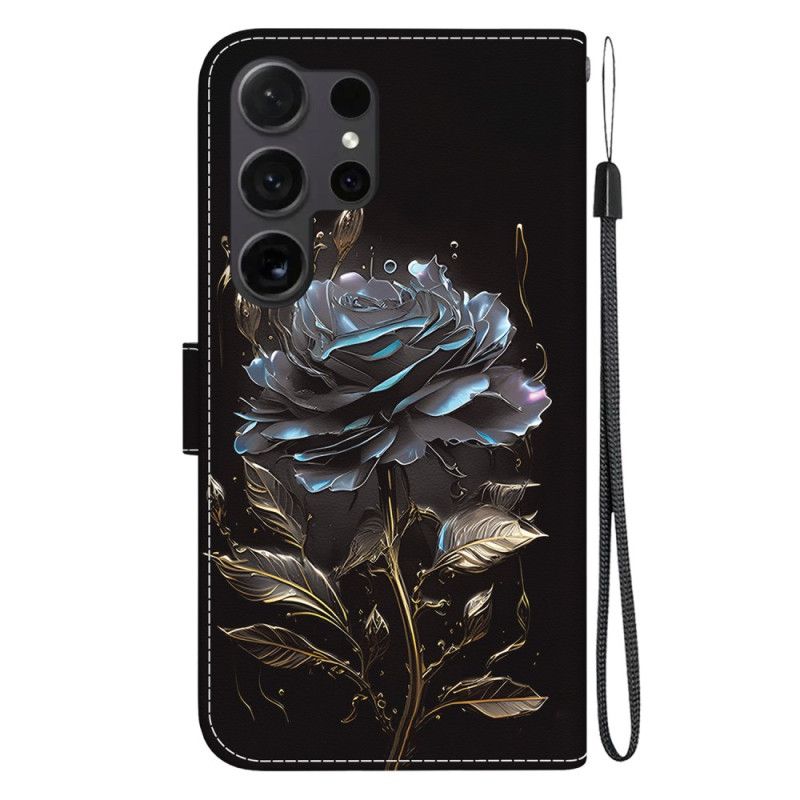 Lederhüllen Für Samsung Galaxy S24 Ultra 5g Schwarze Rose Mit Riemen