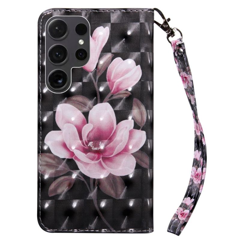 Lederhüllen Samsung Galaxy S24 Ultra 5g Rosa Blumen Auf Schwarzem Hintergrund Mit Riemen