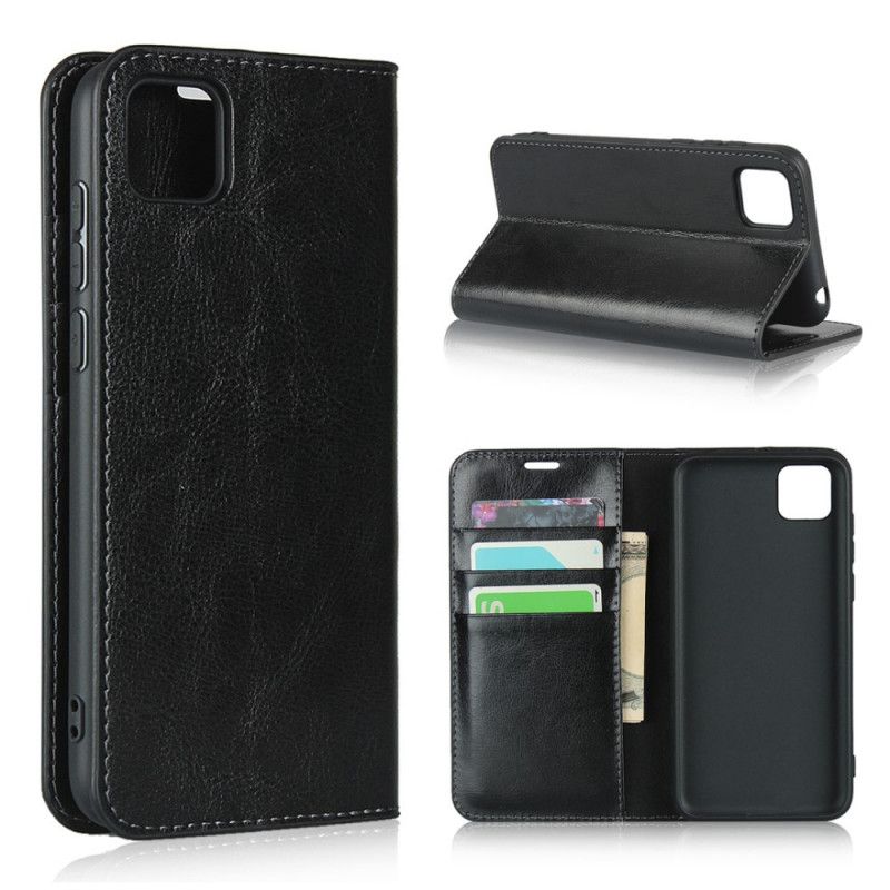 Flip Case Für Huawei Y5p Schwarz Echtes Leder