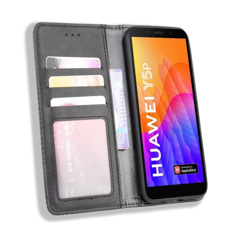 Flip Case Huawei Y5p Schwarz Stilisierter Vintage-Ledereffekt