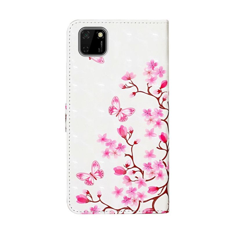 Lederhüllen Huawei Y5p Weiß Rosa Pflanze