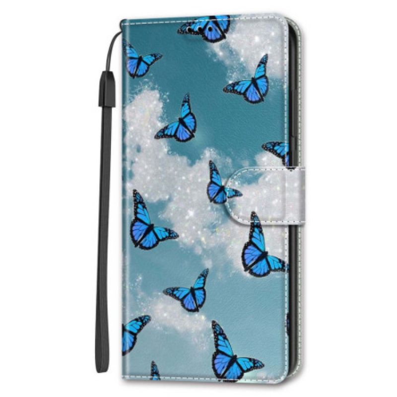 Lederhüllen Samsung Galaxy S24 Plus 5g Weiße Wolke Mit Blauen Schmetterlingen Mit Riemen