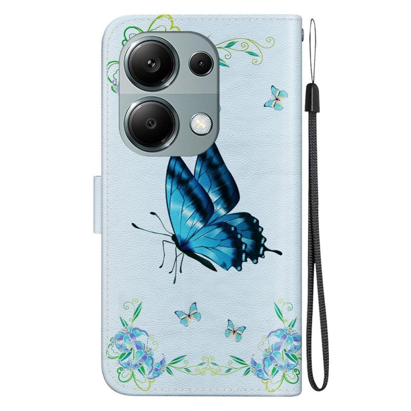 Lederhüllen Xiaomi Redmi Note 13 Pro 4g Blauer Schmetterling Und Blumen Mit Riemen