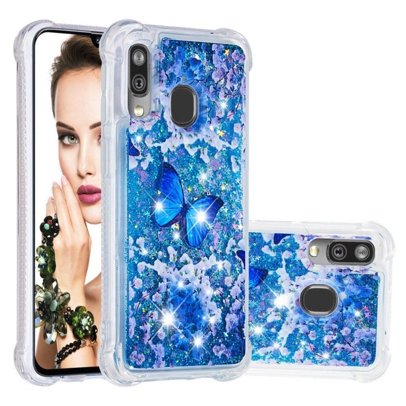 Hülle Für Samsung Galaxy A40 Blaue Glitzerschmetterlinge