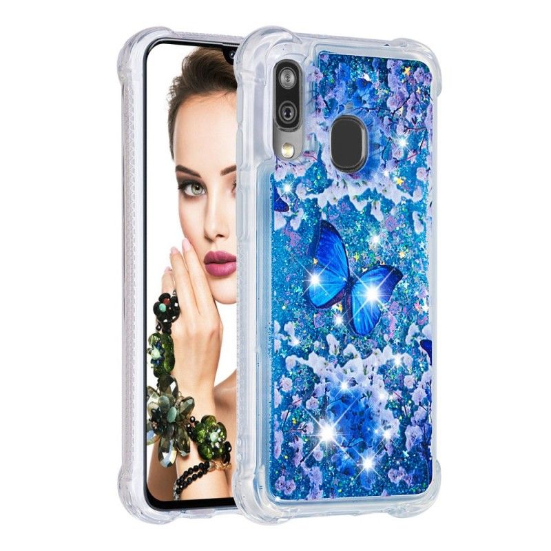 Hülle Für Samsung Galaxy A40 Blaue Glitzerschmetterlinge