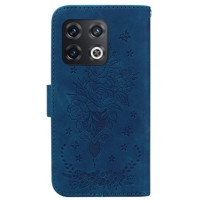 Flip Case Für OnePlus 10 Pro 5G Mit Kordel Riemchenrosen Und Schmetterlinge