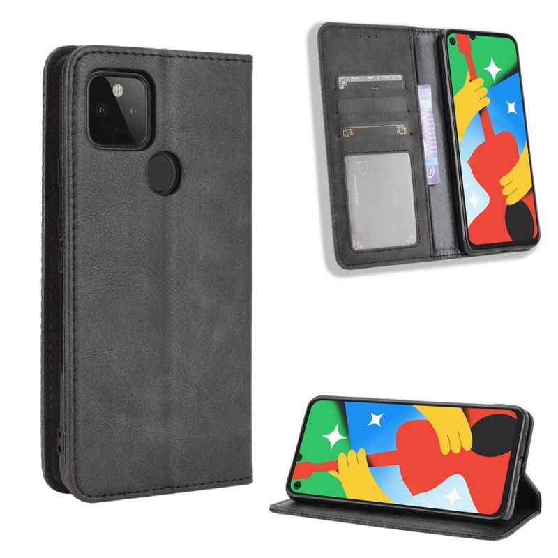 Flip Case Google Pixel 4A 5G Schwarz Stilisierter Vintage-Ledereffekt