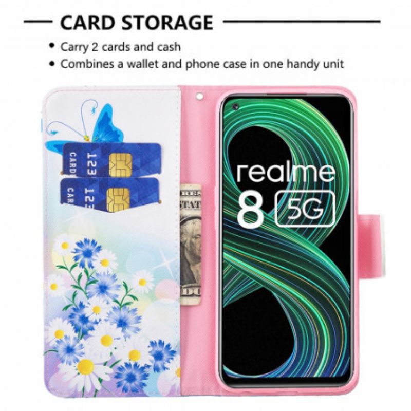 Lederhüllen Realme 8 5g Handyhülle Bemalte Schmetterlinge Und Blumen