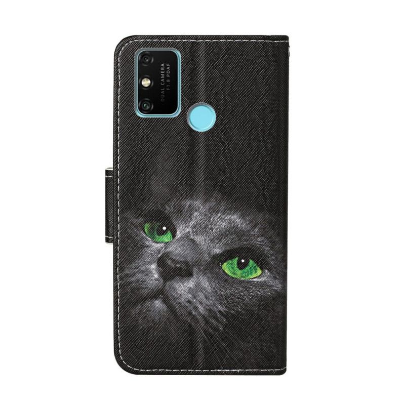 Lederhüllen Für Honor 9A Grüne Augen Einer Schwarzen Katze