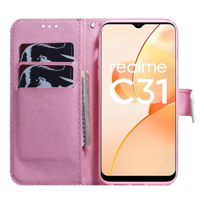 Lederhüllen Für Realme C31 Pinke Blume