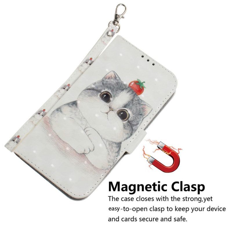 Flip Case Für Xiaomi Redmi Note 12 5G Mit Kordel Graue Katze Mit Riemen