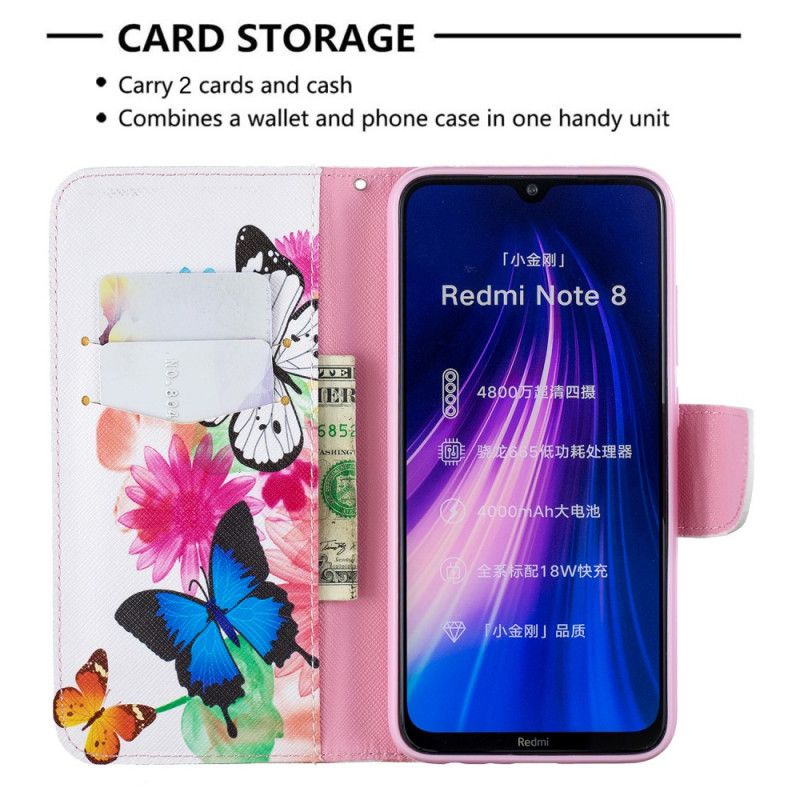 Lederhüllen Xiaomi Redmi Note 8 Magenta Bemalte Schmetterlinge Und Blumen