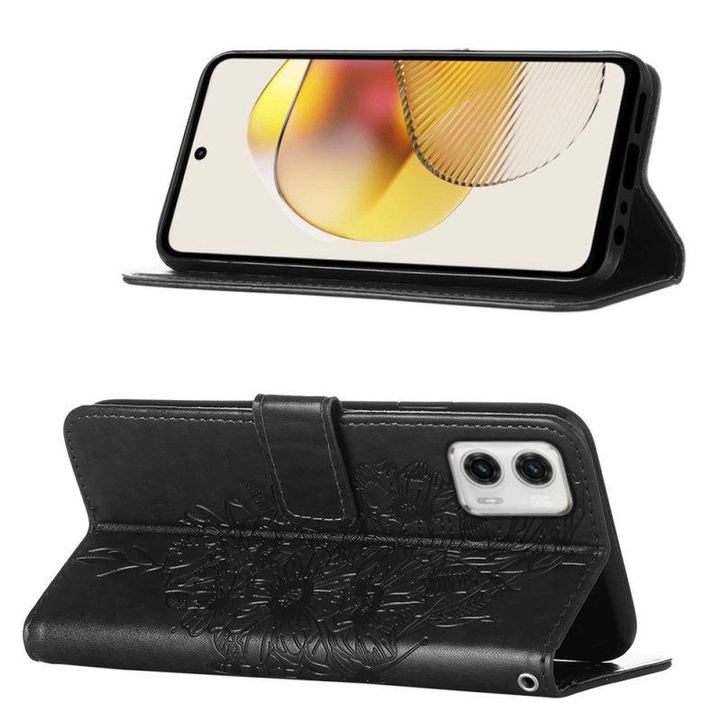 Flip Case Für Moto G73 5G Mit Kordel Riemchen-blumenschmetterling