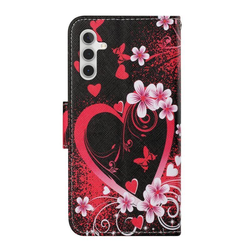 Flip Case Für Samsung Galaxy A54 5G Blumen Und Herzen Mit Schlüsselband