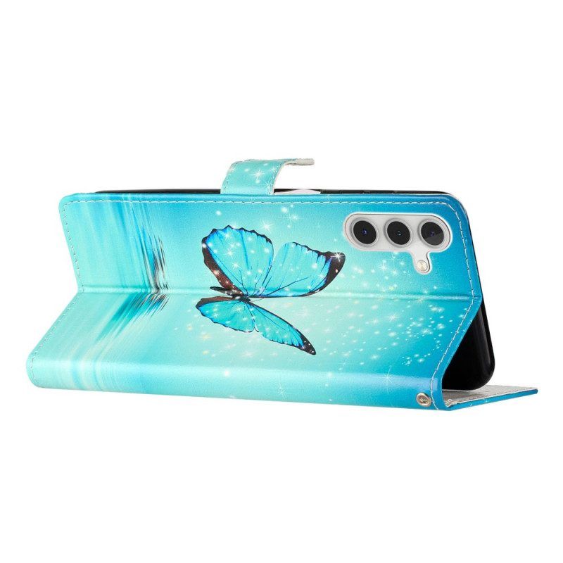 Flip Case Für Samsung Galaxy A54 5G Mit Kordel Blauer Schmetterling Mit Riemen