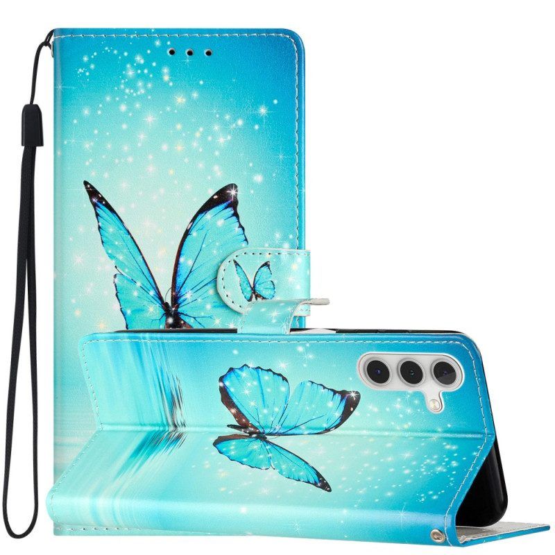 Flip Case Für Samsung Galaxy A54 5G Mit Kordel Blauer Schmetterling Mit Riemen