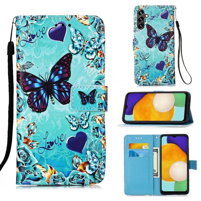 Flip Case Für Samsung Galaxy A54 5G Mit Kordel Bunte Tanga-schmetterlinge