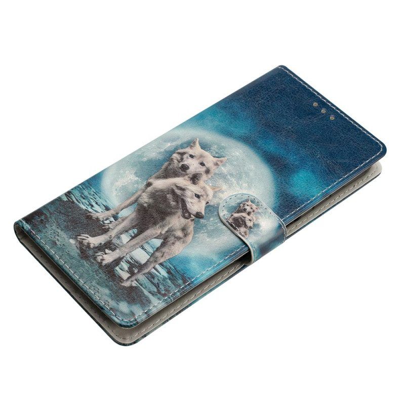 Flip Case Für Samsung Galaxy A54 5G Wolf Unter Mond Mit Schlüsselband