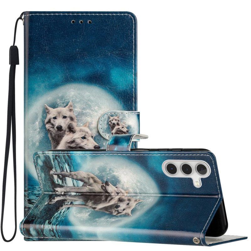 Flip Case Für Samsung Galaxy A54 5G Wolf Unter Mond Mit Schlüsselband