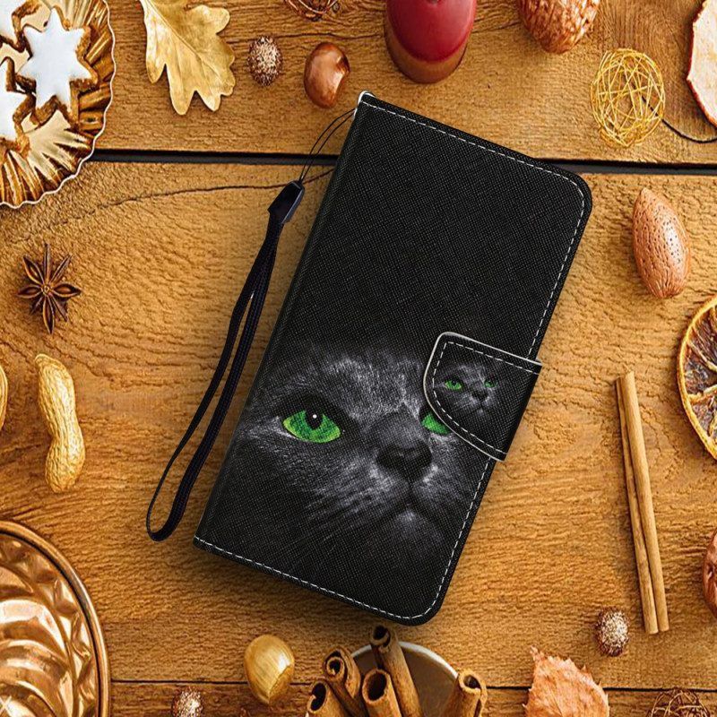 Lederhüllen Für Samsung Galaxy A54 5G Mit Kordel Grünäugige Katze Im Riemen