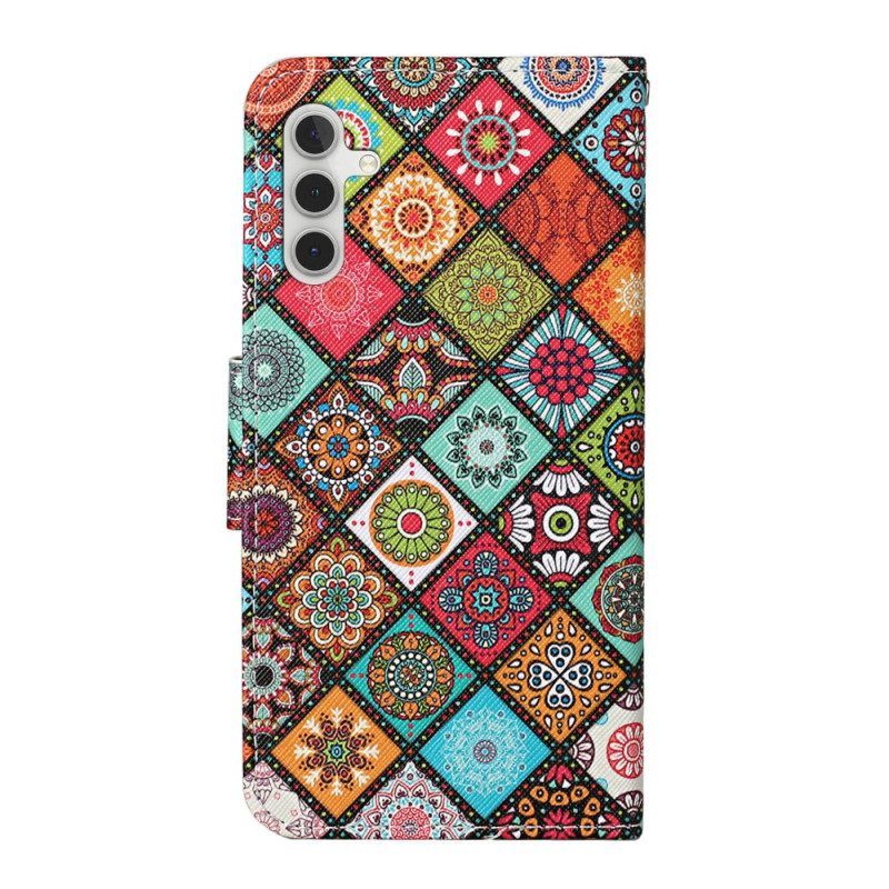 Lederhüllen Für Samsung Galaxy A54 5G Patchwork Mit Schlüsselband