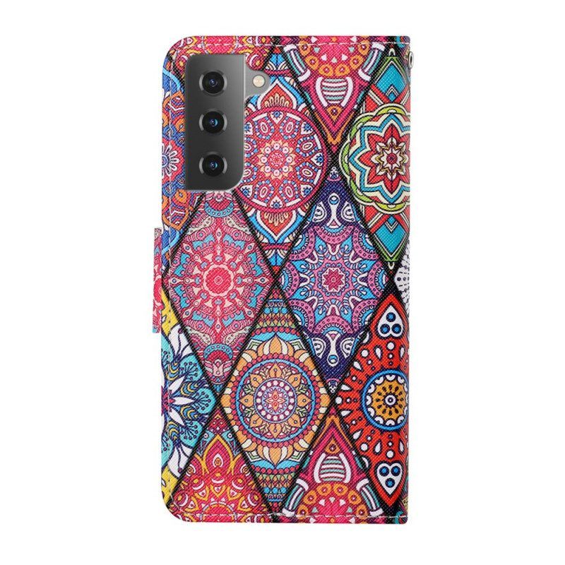 Flip Case Für Samsung Galaxy S22 Plus 5G Patchwork Mit Schlüsselband