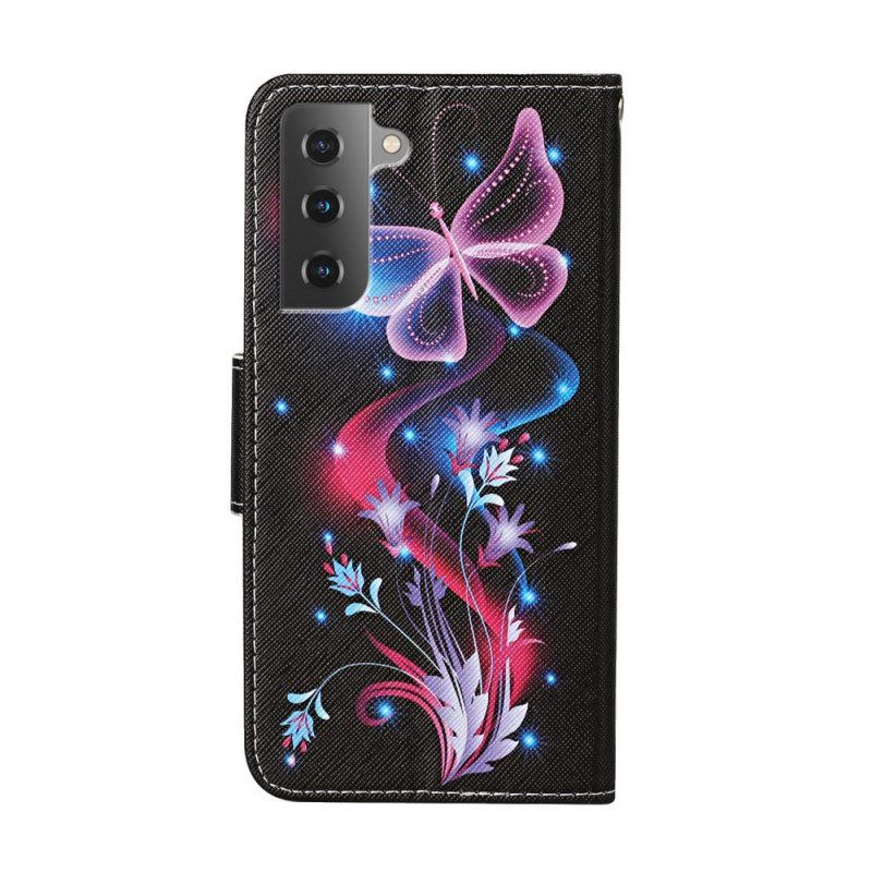 Flip Case Für Samsung Galaxy S22 Plus 5G Schmetterlinge Und Schlüsselband