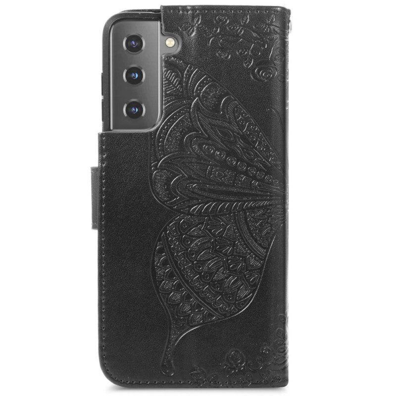 Flip Case Für Samsung Galaxy S22 Plus 5G Schmetterlingsdesign Mit Umhängeband