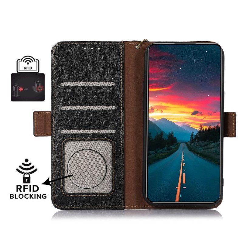 Flip Case Für Xiaomi Redmi Note 12 4G Echtleder-rfid Im Straußen-stil