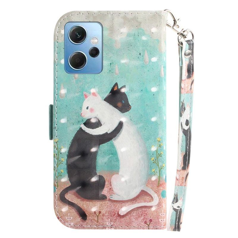 Flip Case Für Xiaomi Redmi Note 12 4G Mit Kordel Weiße Katze. Schwarze Katze Mit Riemen